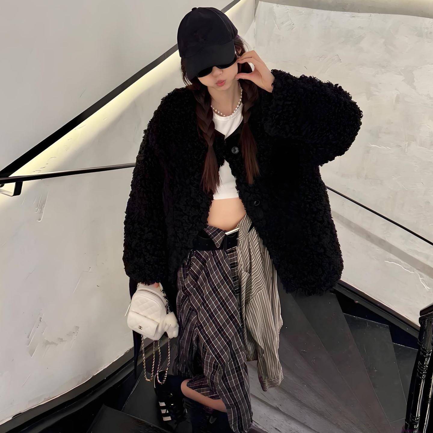 好货黑色羊羔毛皮草外套女2026冬新款环保毛毛上衣中长款皮毛一体