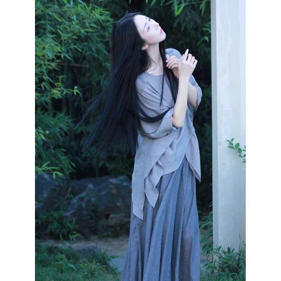 好货宽松休闲仙气飘逸不规则茶服套装女新中式禅意复古扇舞棉麻三