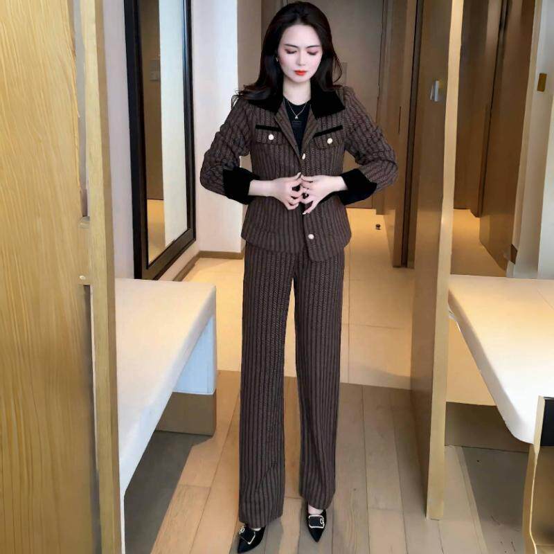 好货小香风时尚条纹套装女士春秋季新款洋气质短外套高腰阔腿裤两
