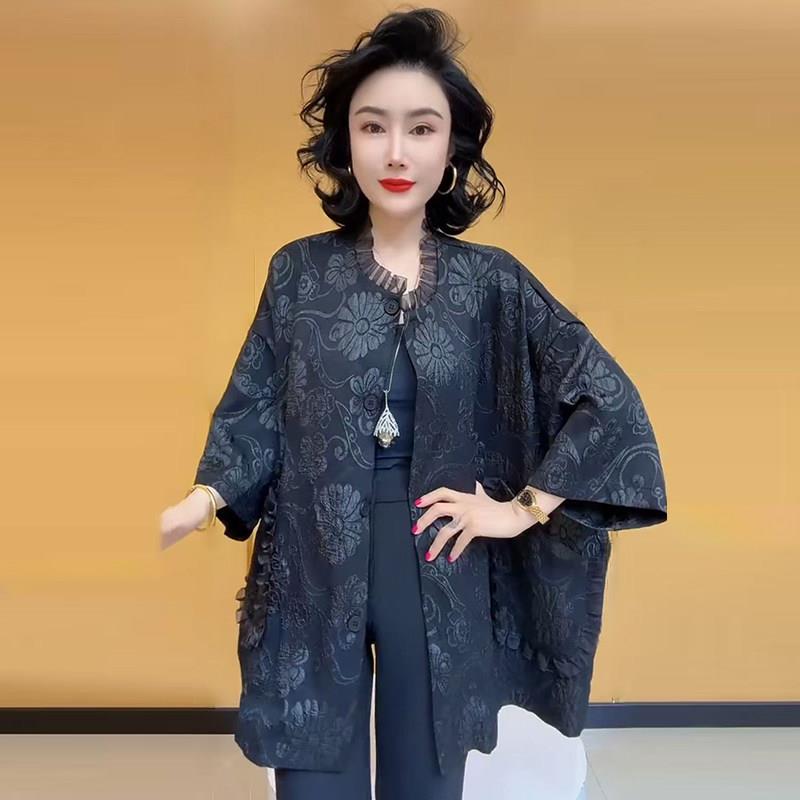 好货时尚蝙蝠袖醋酸提花外套2026春季新中式宽松大码慵懒百搭上衣