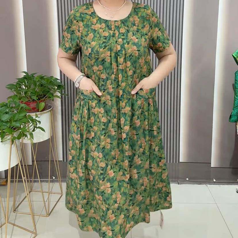 好货新款中国风印花双兜大版连衣裙女宽松遮肚裙子休闲通勤中老年
