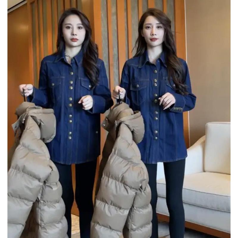 好货复古叠穿软牛仔衬衫女春秋中长款小个子宽松衬衣加绒加厚保暖
