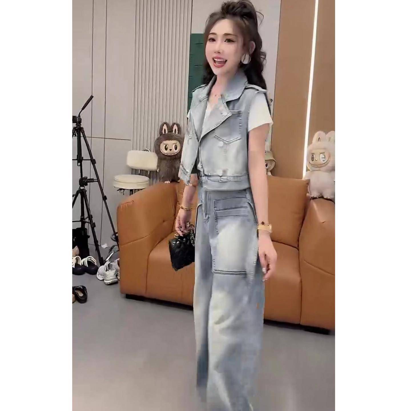 好货时尚牛仔套装女2026春季新款西装领马甲+短袖+阔腿裤显瘦三件