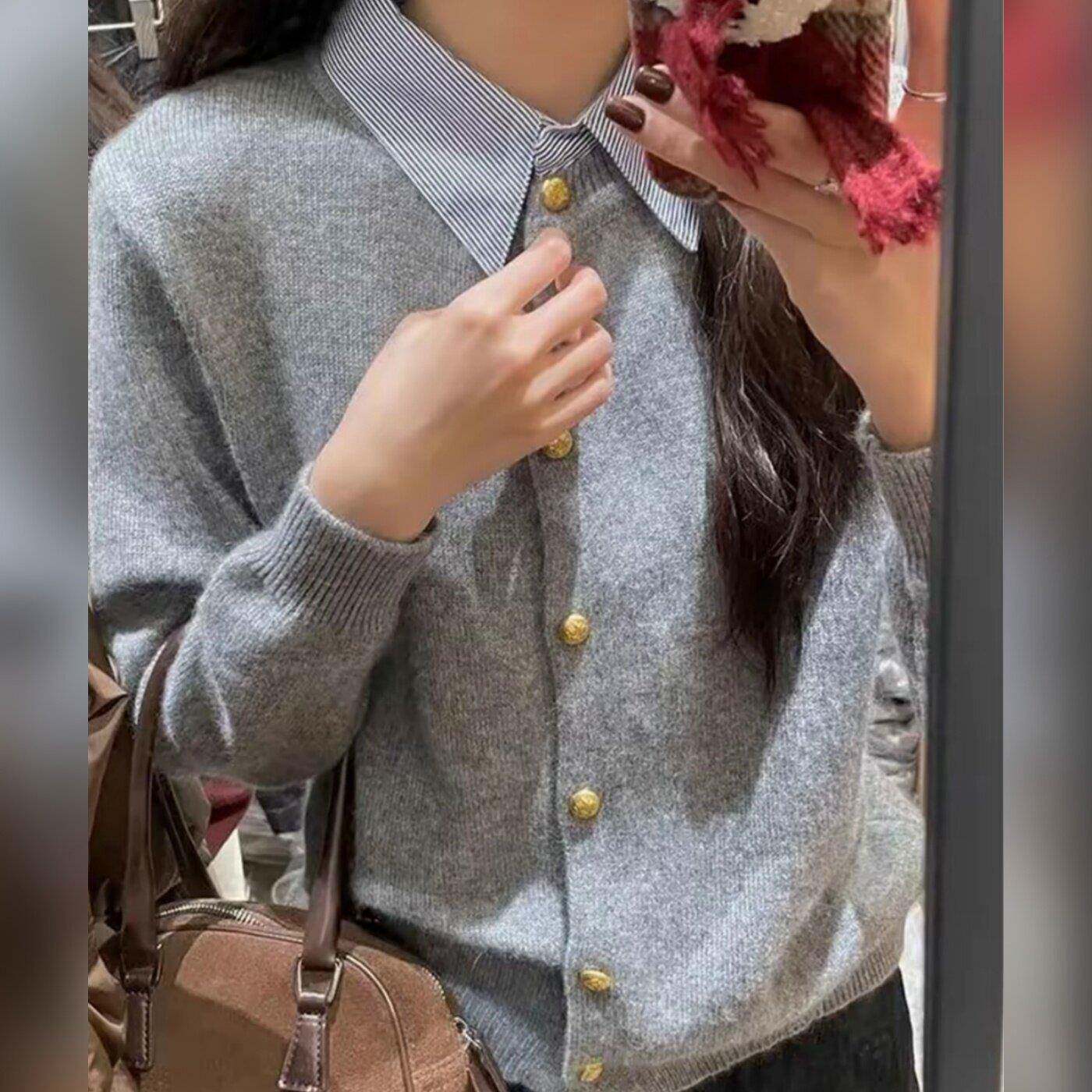 好货秋冬新款韩版拼接宽松遮肉针织打底衫胖MM百搭翻领衬衫假两件
