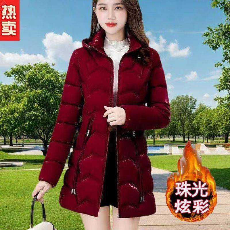 好货红色棉服女中长款加厚修身显瘦免洗亮面棉衣外套2026新款时尚