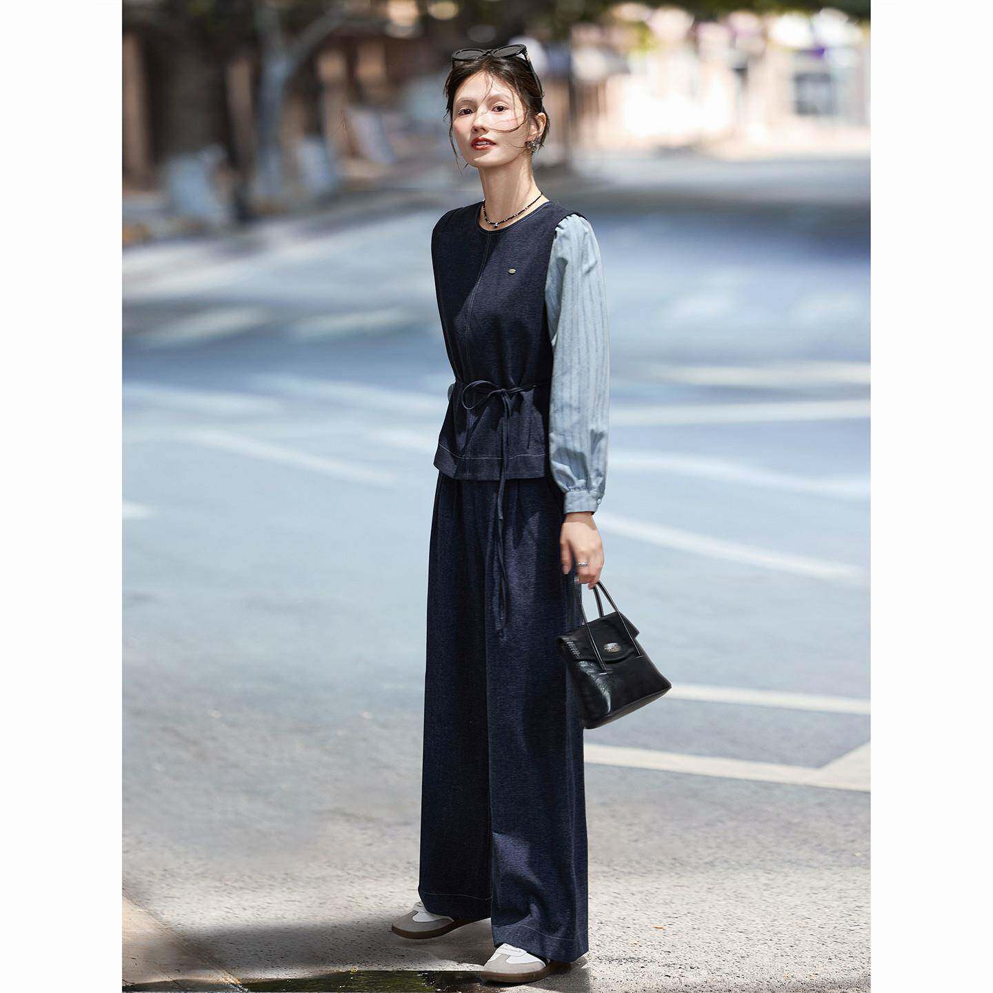 好货2026春季新款拼接假两件圆领套头衬衫直筒长裤休闲裤套装女两