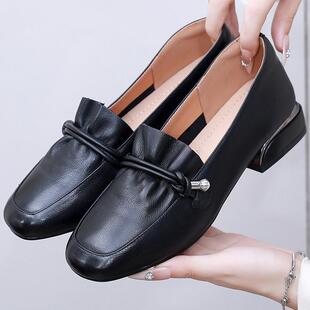 新品头层牛皮乐福鞋春秋款低跟小皮鞋圆头软底单鞋百搭真皮大码女