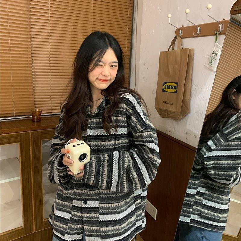 好货慵懒风针织开衫女秋冬新款设计感撞色条纹棒球服上衣长袖毛呢