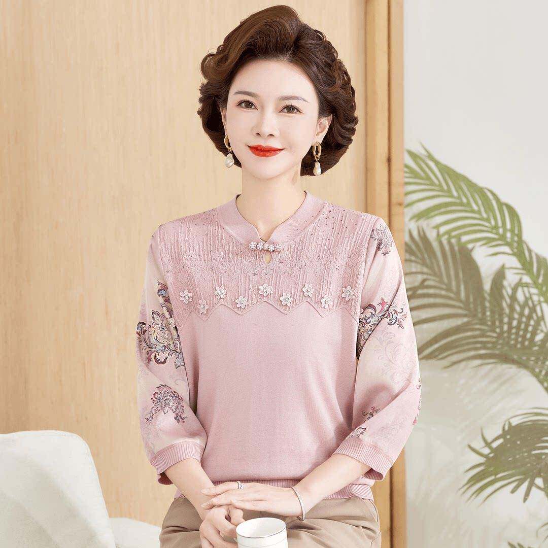 好货中年妈妈春装新款上衣时尚纱袖针织打底小衫中老年女士七分袖