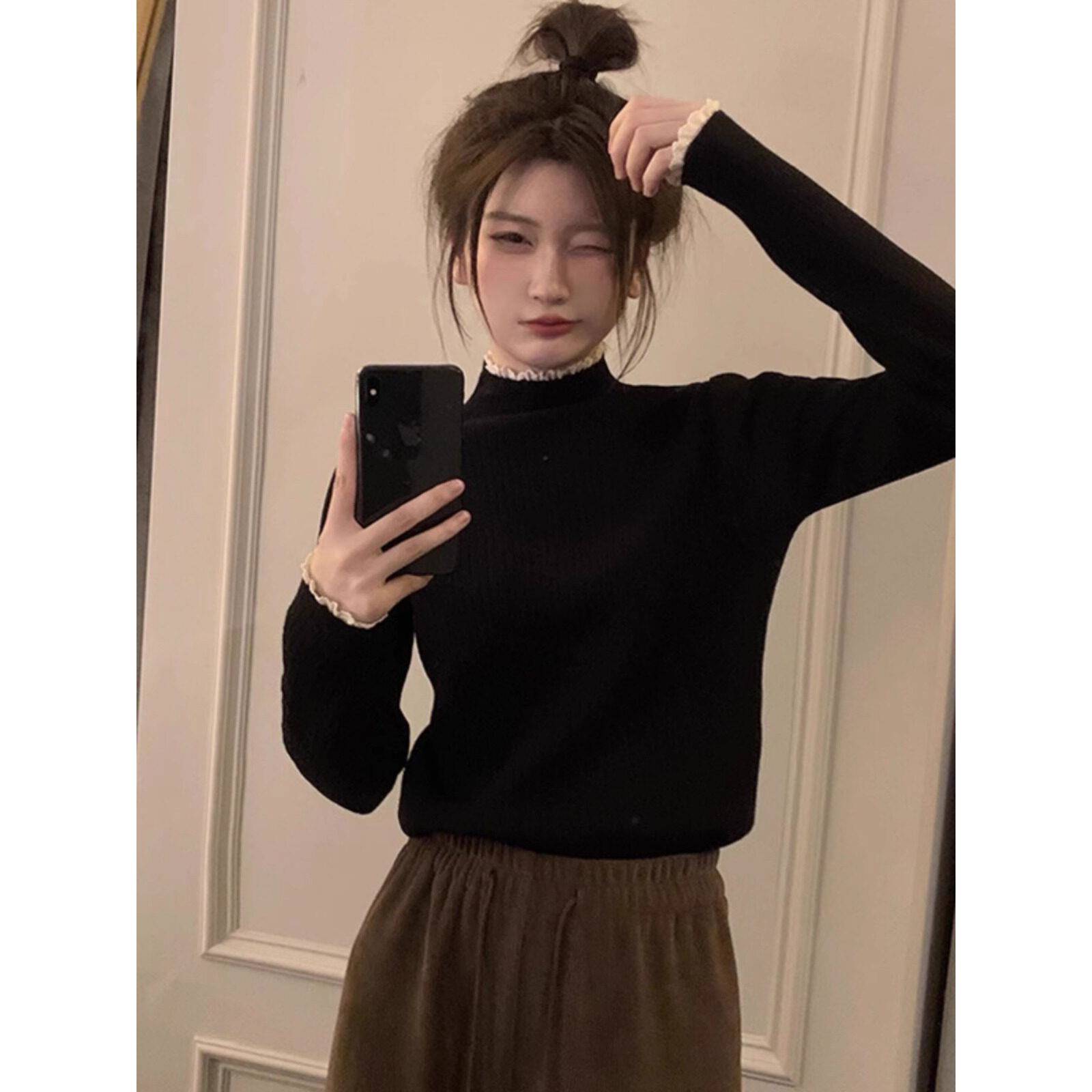 好货加绒加厚保暖一体绒毛衣女秋冬新款内搭蕾丝花边半高领针织打