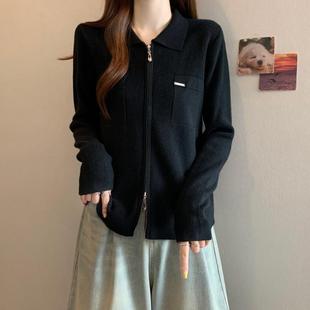 推荐韩版双拉链POLO领正肩针织开衫女春秋季大码胖mm显瘦休闲毛衣