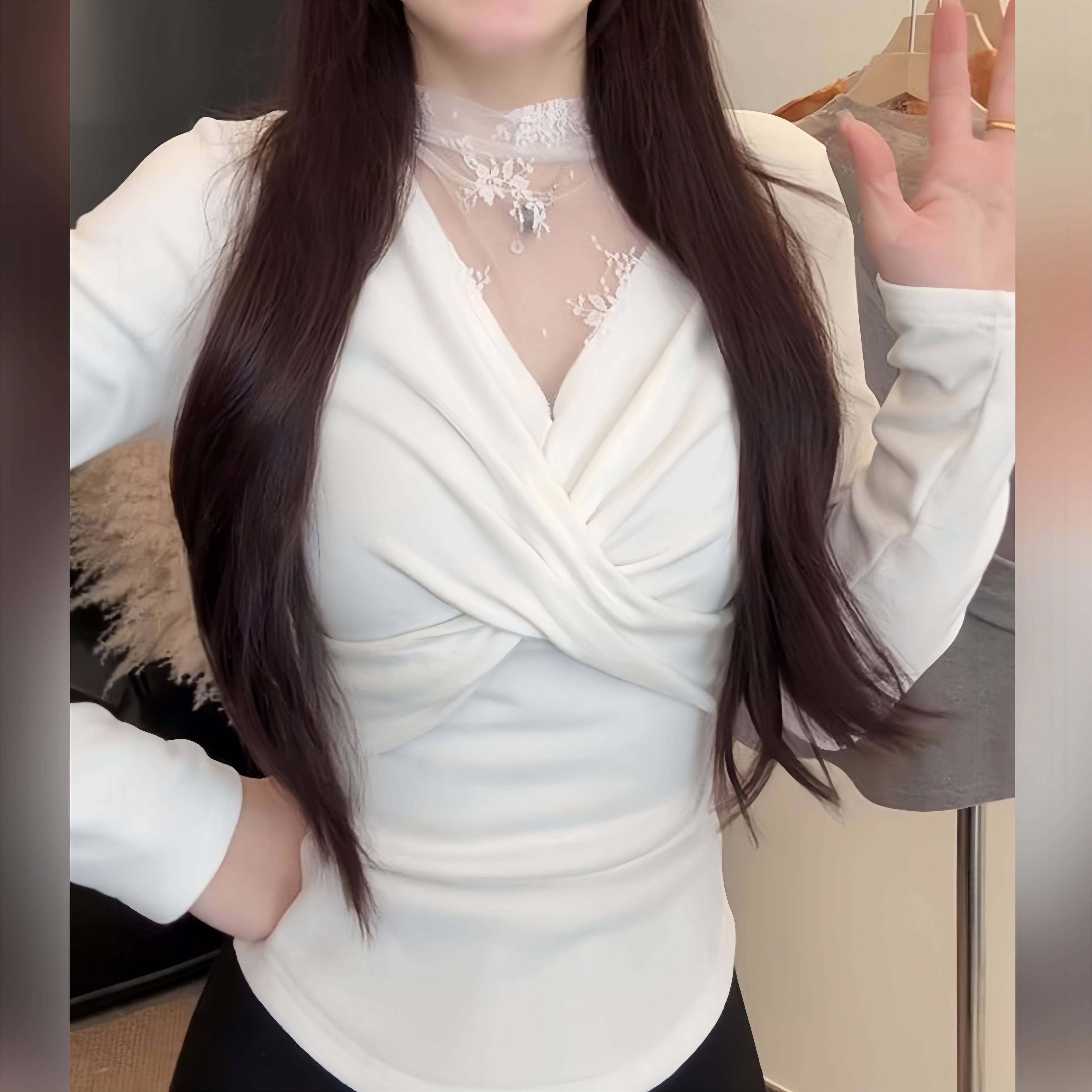 好货轻熟风时尚chic百搭蕾丝网纱拼接长袖加绒打底衫扭结内搭2026