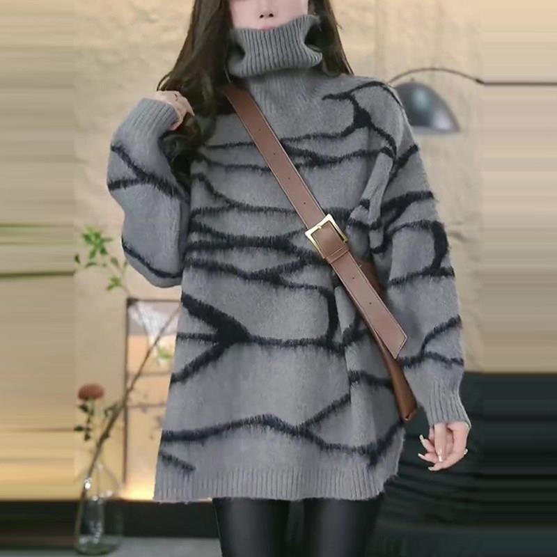 好货高领毛衣女秋冬2026新款宽松外穿慵懒风中长款条纹针织打底衫