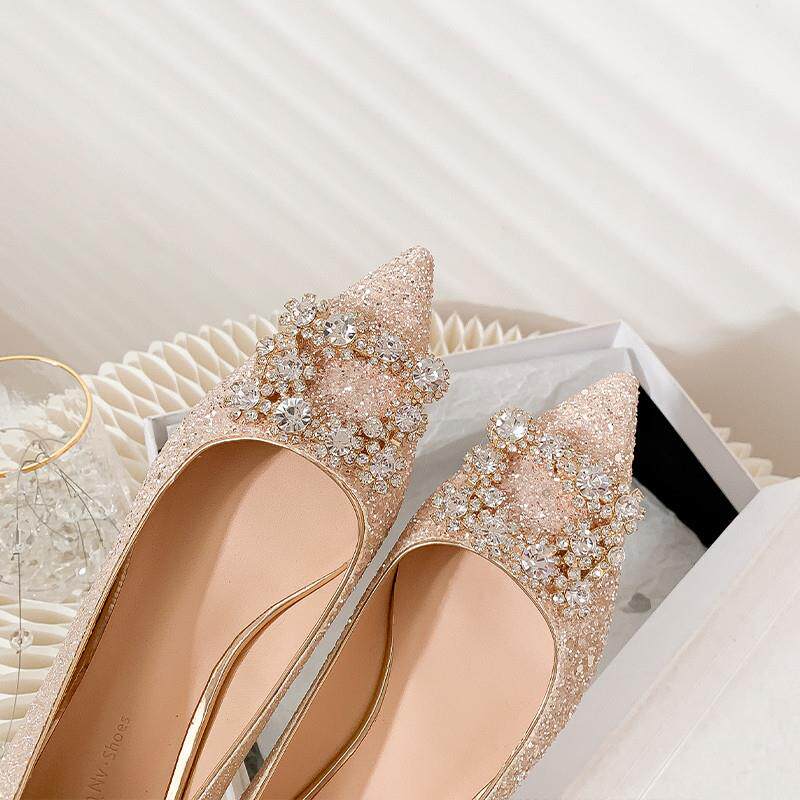 新品香槟色新娘婚鞋女粗跟2026年新款水钻主婚纱礼服鞋不累脚高跟