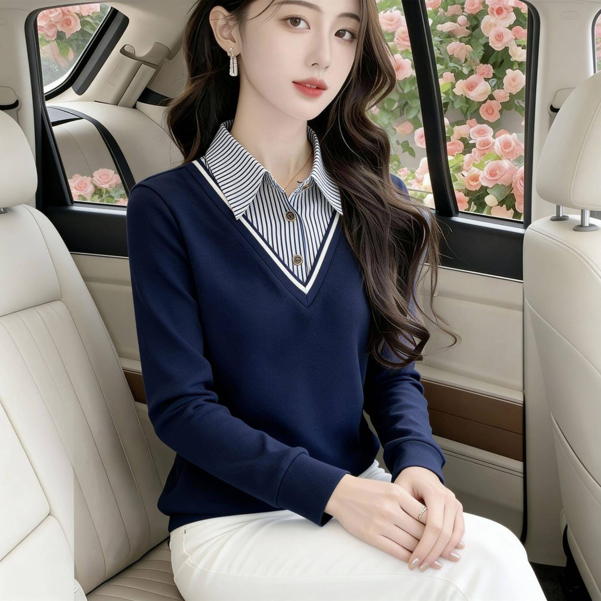 好货高级假两件拼接长袖T恤女士2026秋季爆款百搭薄款秋衣POLO领