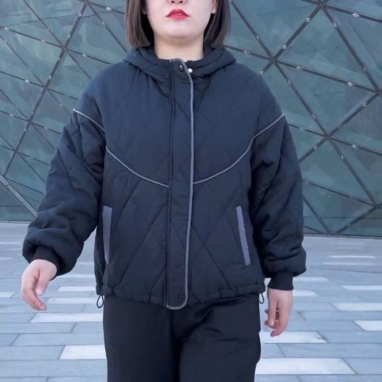 好货秋冬新款纯色压线暗纹帽款棉服外套时尚短款外穿保暖通勤中年