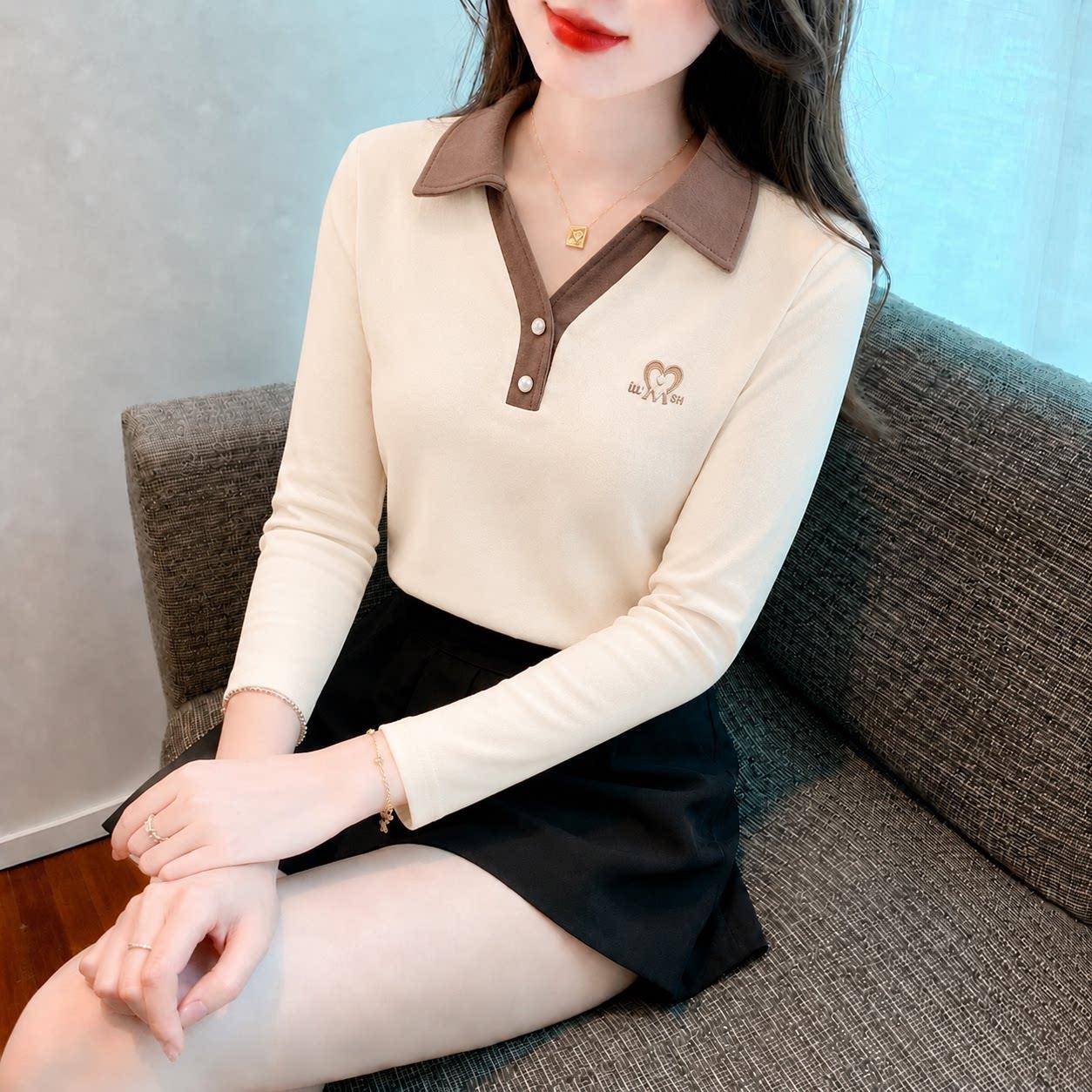 好货早秋薄款气质假两件Polo领长袖T恤女士秋衣百搭打底衫洋气上