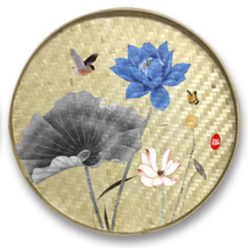 新品竹编簸箕手绘画牡丹莲花墙面装饰壁画创意挂画可定制纯手工无图片