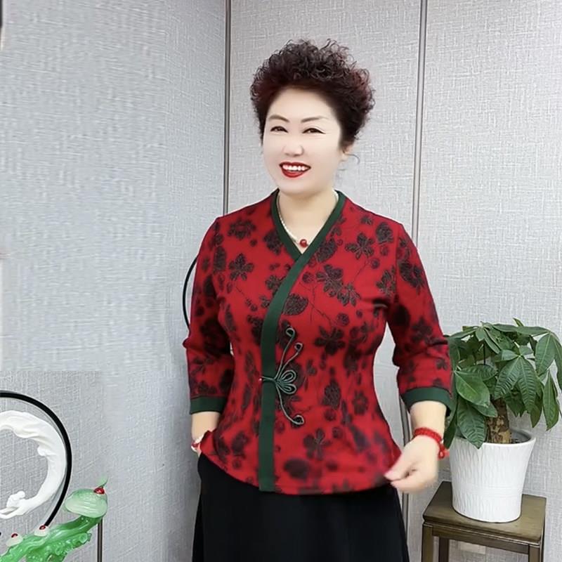 好货中年妈妈上衣德绒印花修身长袖遮肉中式盘扣民族风春装汉服旗