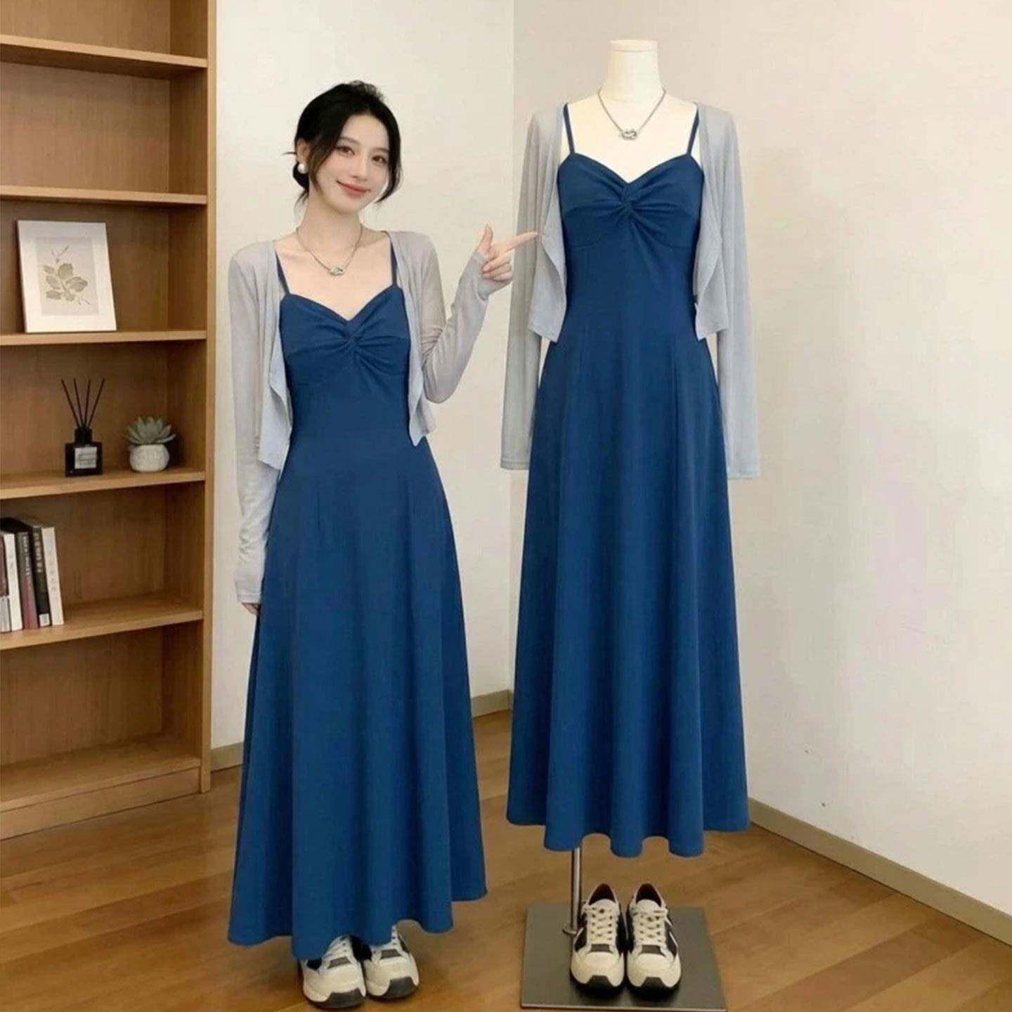 好货大码吊带连衣裙外搭防晒开衫两件套女初秋胖mm显瘦时尚百搭套