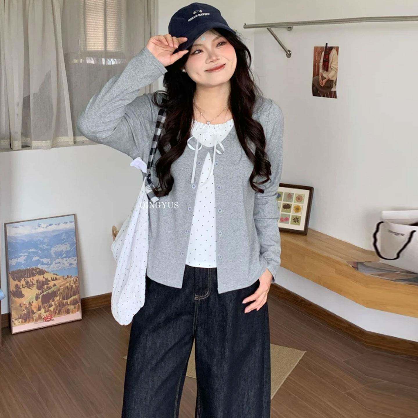 好货大码韩系假两件木耳边长袖T恤女秋季胖mm减龄显瘦百搭小衫上