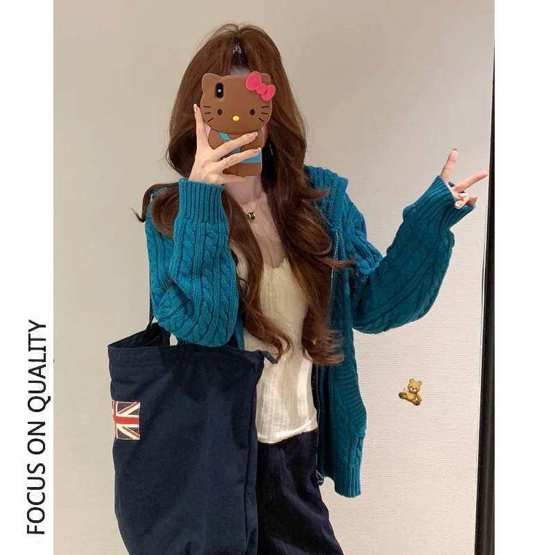 推荐慵懒风毛衣外套女秋冬2025新款连帽拉链韩系针织开衫蓝色长袖
