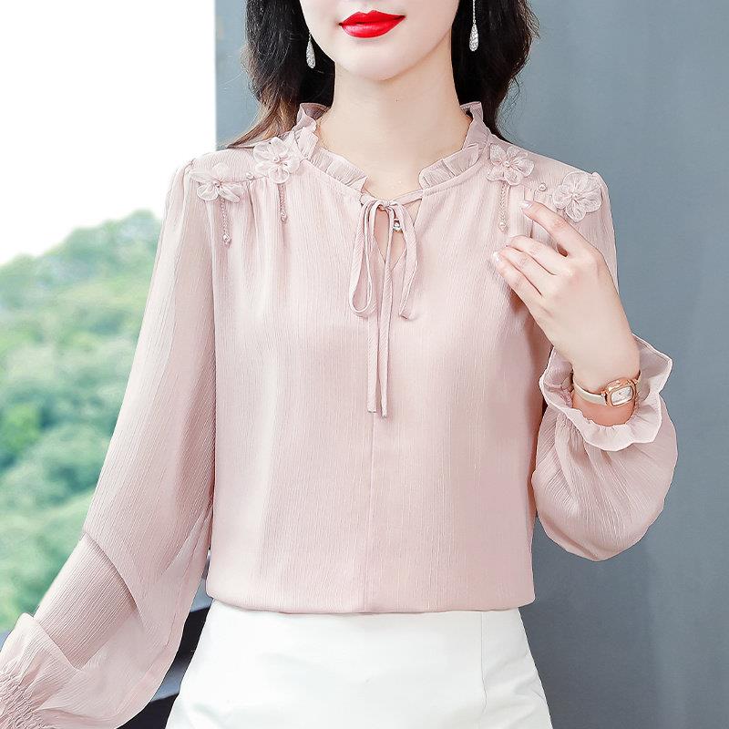 好货时尚木耳立领长袖衬衫女士秋季洋气系带气质小衫漂亮优雅雪纺