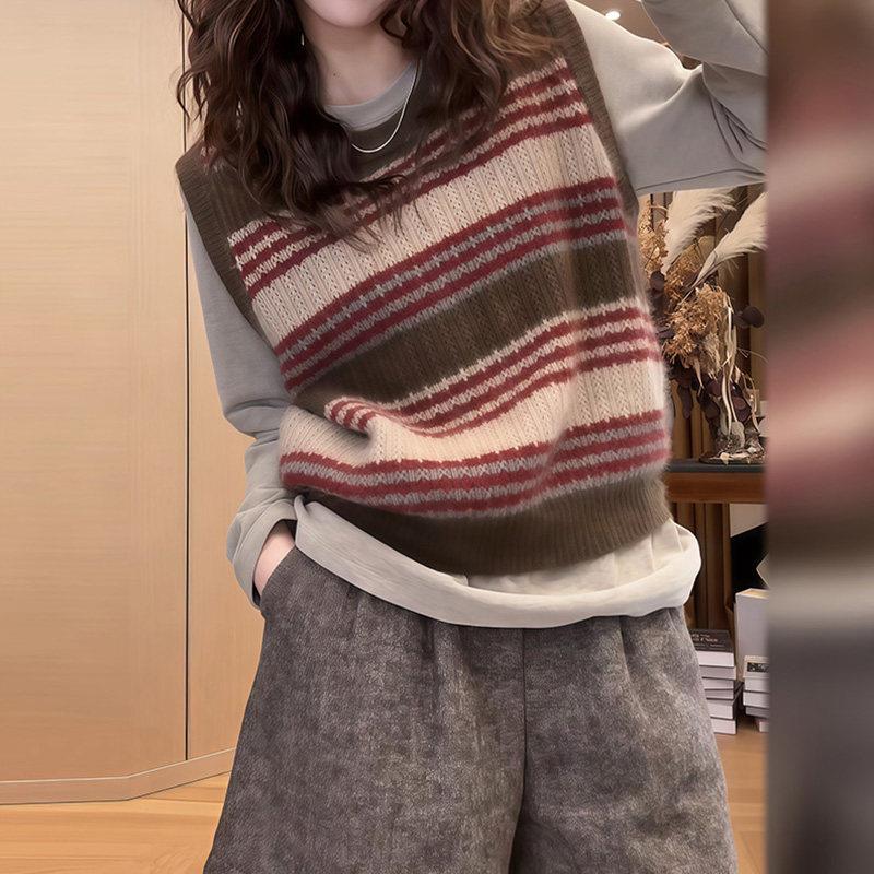 好货复古条纹针织马甲两件套女秋季休闲撞色背心套头叠穿洋气时尚
