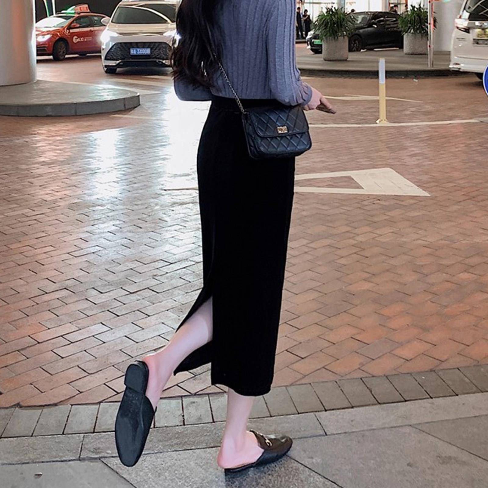 好货金丝绒开叉半身裙女2026春季新款小个子显高黑色直筒一步裙