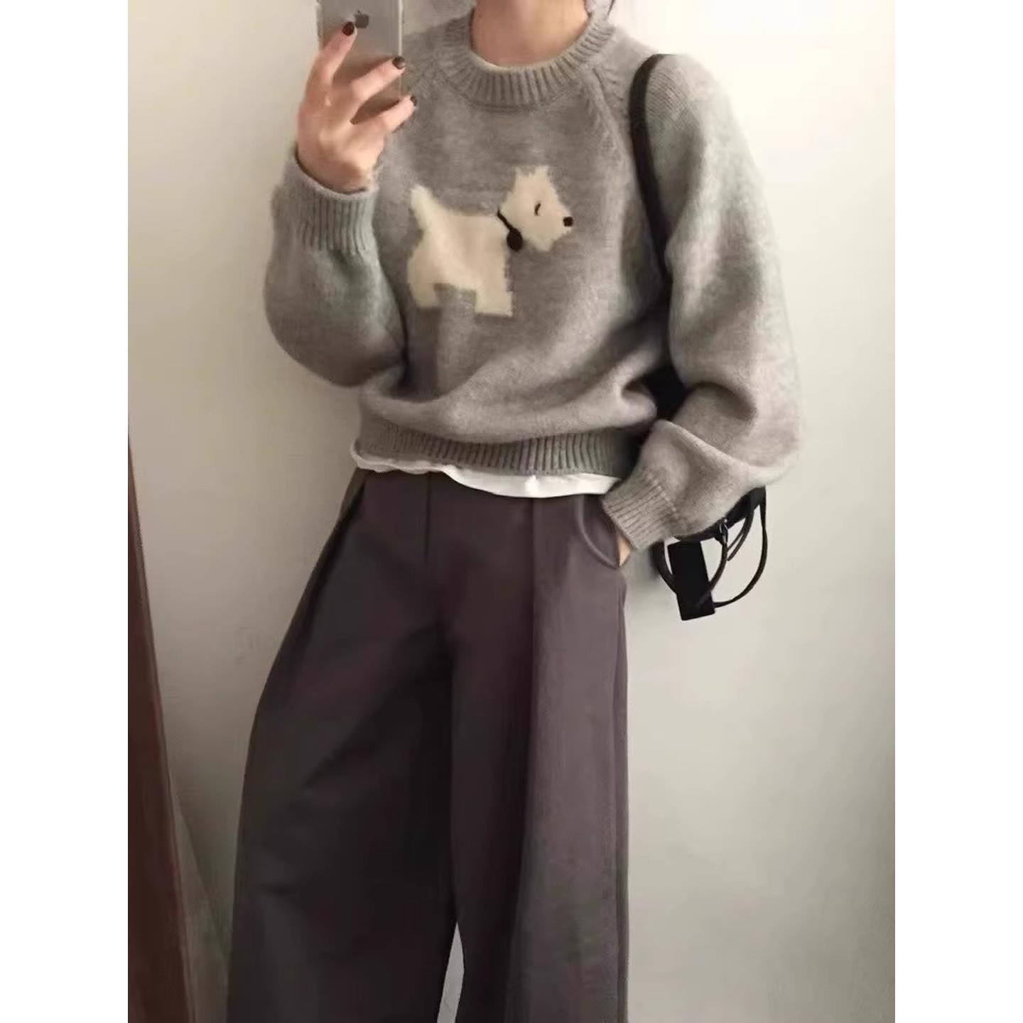好货慵懒风提花套头卡通小狗灰色毛衣女秋冬新款内搭针织打底衫上