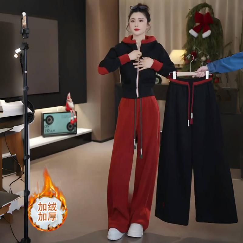 好货加绒加厚休闲运动套装女秋冬新款时尚拼色连帽卫衣卫裤保暖两