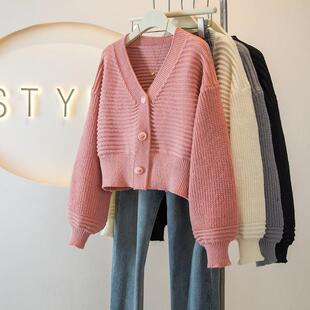 推荐韩系V领粉色长袖毛衣外套2025秋季大码女装胖mm短款针织开衫