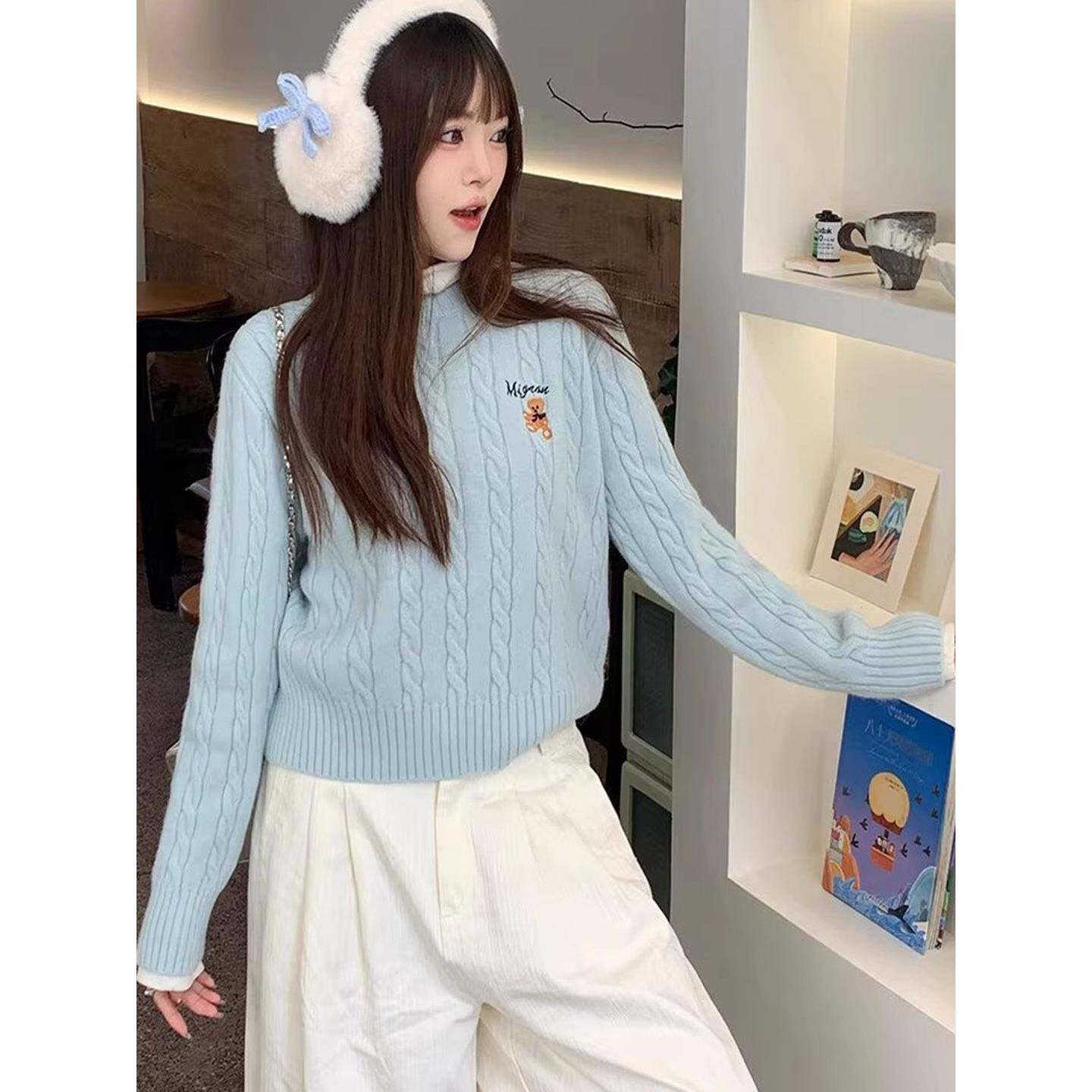 好货软糯高级感麻花圆领毛衣女秋冬新款慵懒风针织衫刺绣小熊打底