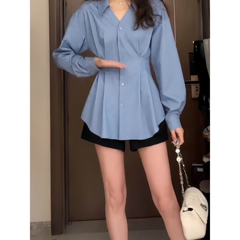 好货大码胖mm遮肚藏肉设计感V领上衣显瘦收腰高级感长袖衬衫2026