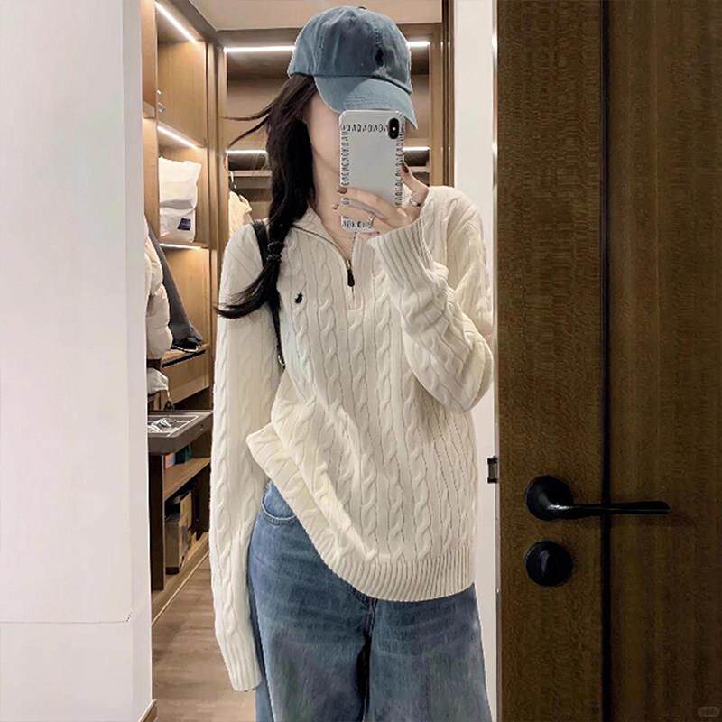 好货白色半拉链中长款针织衫绞花纹毛衣慵懒高级感秋冬女2026新款