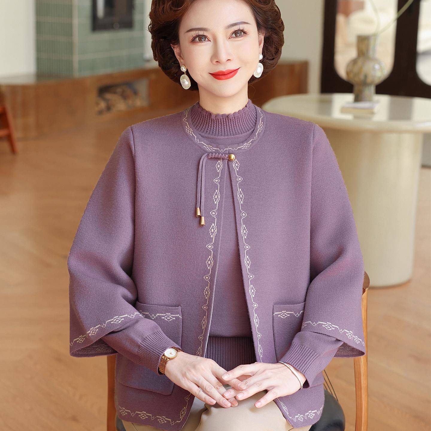 好货妈妈春装两件套针织衫洋气上衣2026新款中老年女春秋加绒毛衣