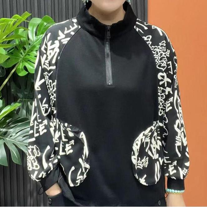 好货中年妈妈装2026新款卫衣立领蝙蝠袖时尚洋气小衫拼接印花宽松