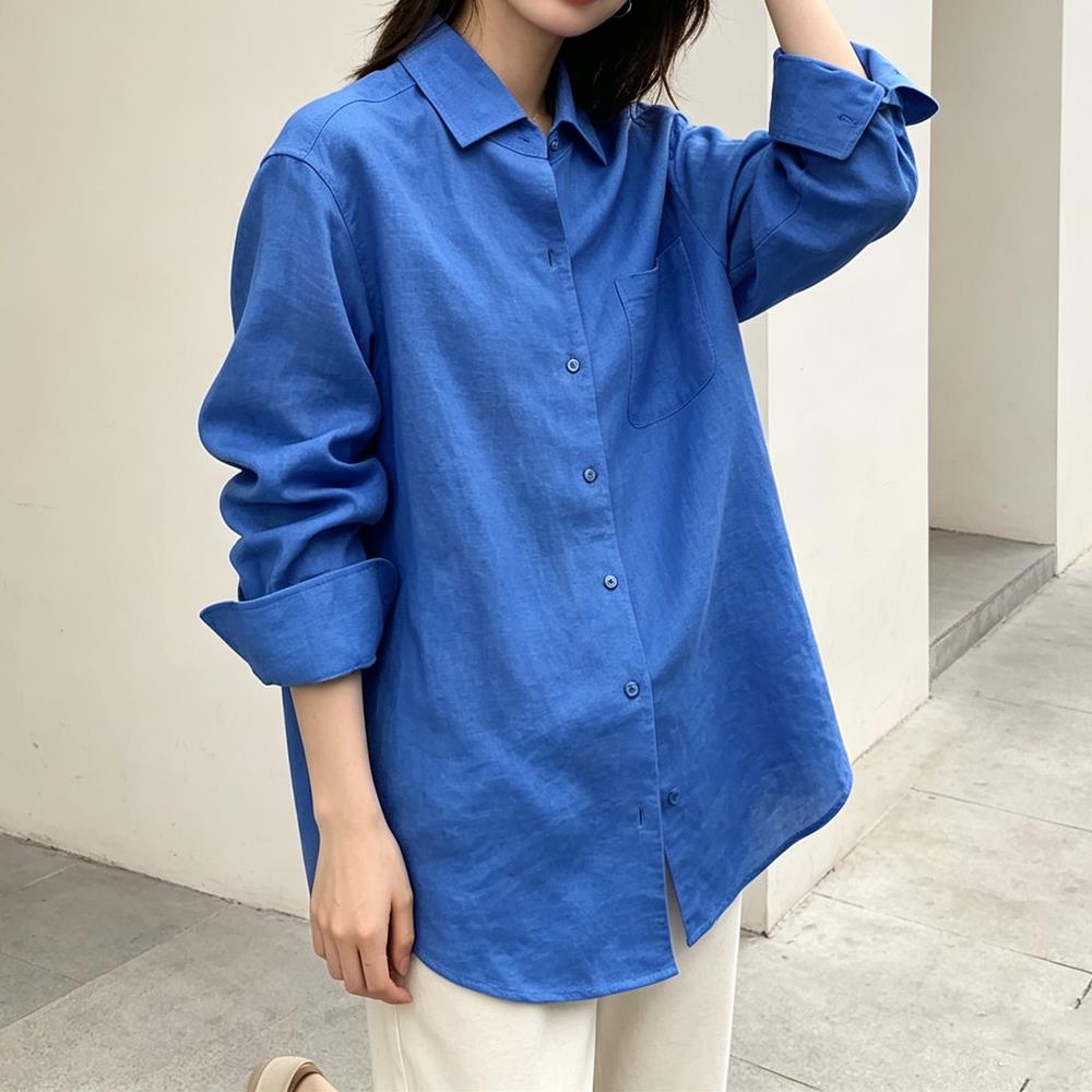好货老钱风克莱因蓝翻领单排扣亚麻衬衫2026秋季新款女装棉麻长袖