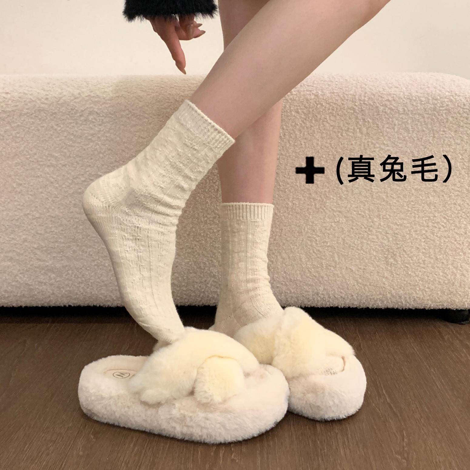 好货巨好看兔毛厚底毛毛拖鞋女外穿2026新款冬季黑色毛绒一字拖棉
