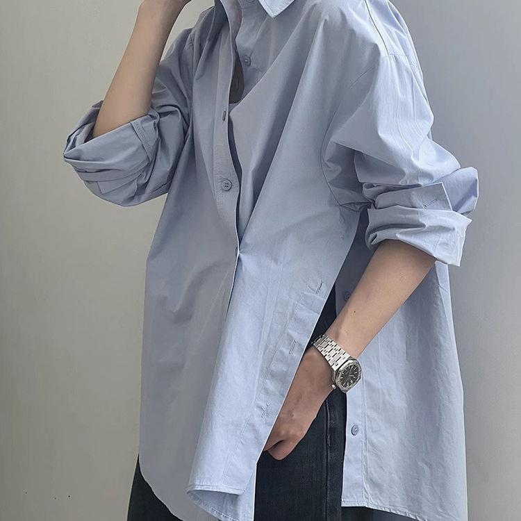 好货韩版白色长袖衬衫女洋气老钱风法式POLO领纽扣开衫不规则小众