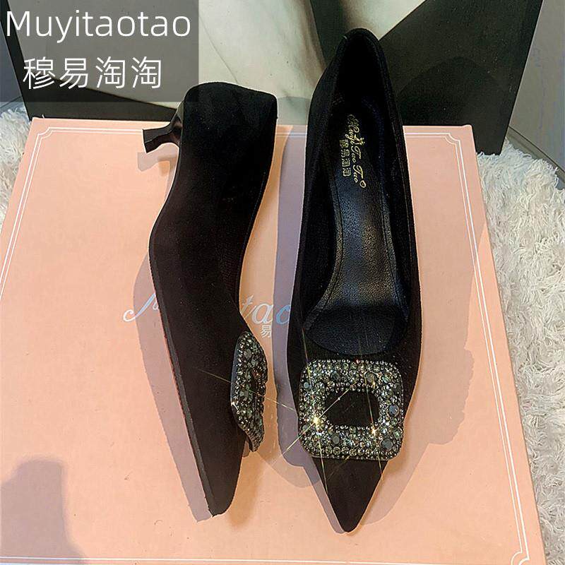 新品浅口水钻单鞋细跟法式鞋子黑色尖头方扣高跟鞋女职业低跟通勤