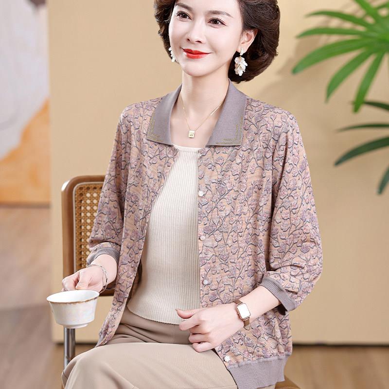好货2026新款妈妈春装七分袖开衫翻领冰丝印花薄外套中老年女小衫