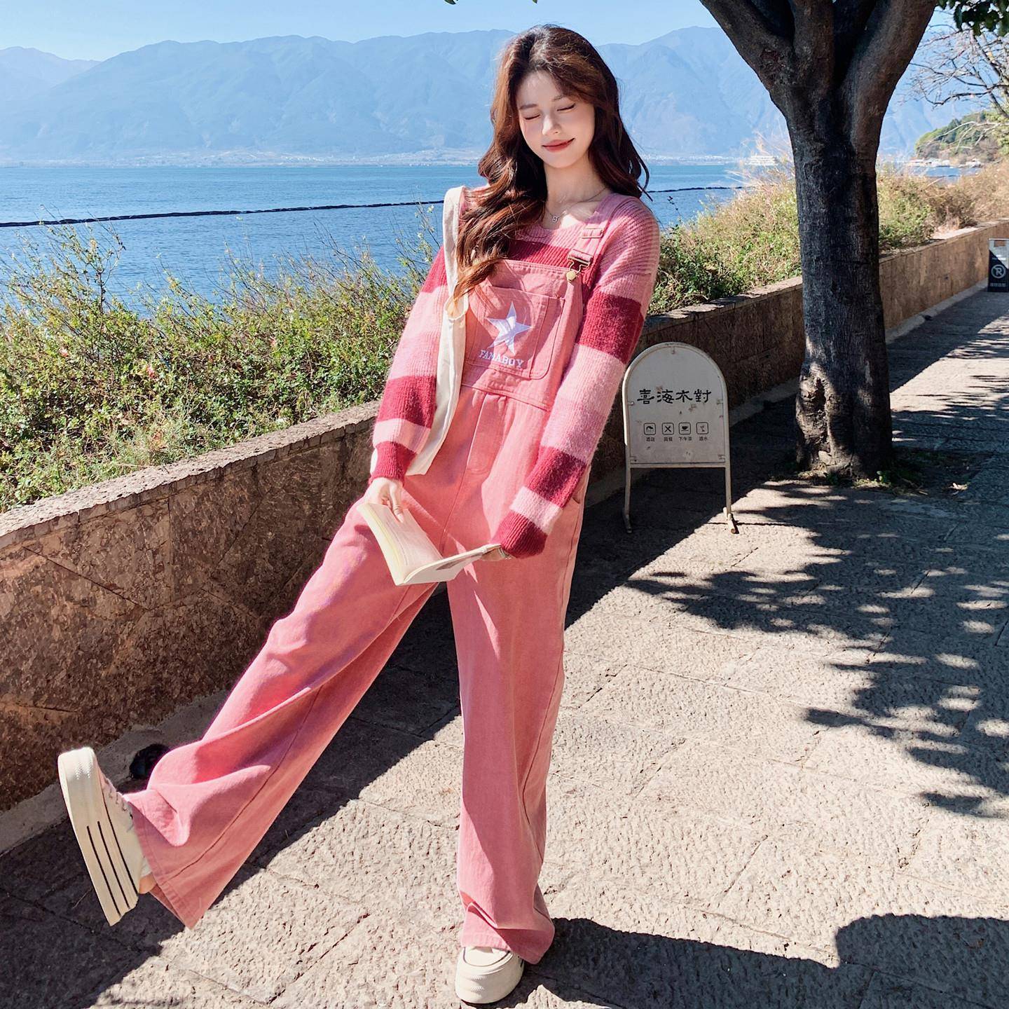 好货粉色甜美减龄星星工装背带裤长款休闲毛衣两件套女秋季新款连