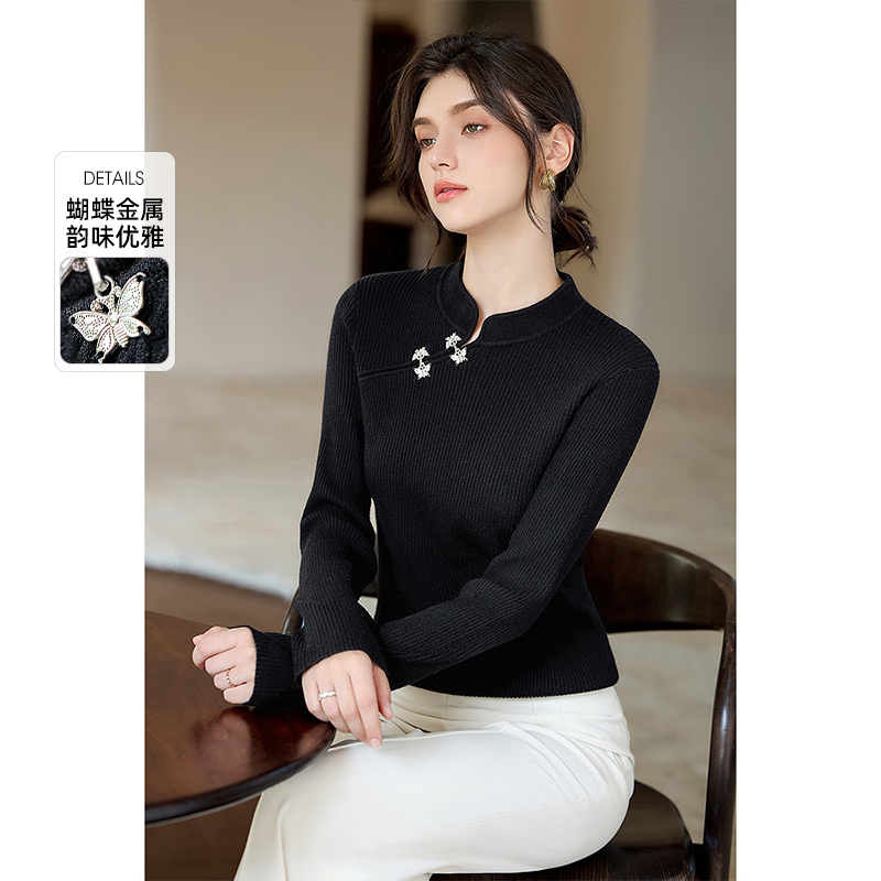 她池古典立领优雅修身短款针织衫