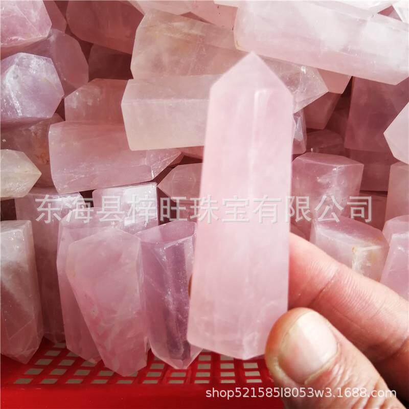 天然粉水晶六棱角形单尖能量宝石柱子消磁风水摆件矿标
