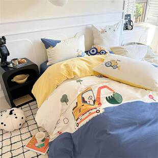 A类卡通工程车儿童全棉磨毛四件套少年加厚被套男孩床上用品
