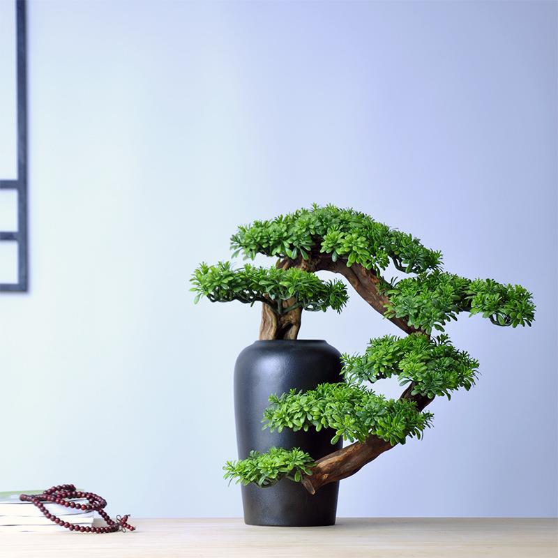 新中式家居盆景仿真迎客松罗汉松根雕摆件客厅电视柜玄关柜装饰品