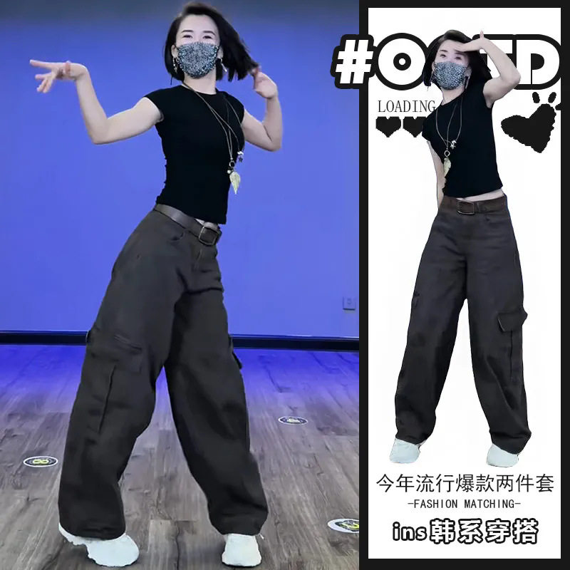 单件/辣妹港味显瘦修身黑色短袖上衣夏季时尚高腰先后宽松阔腿裤