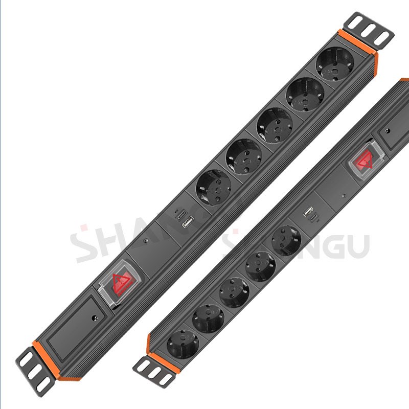 5位欧标16A带过载开关PDU 铝合金防雷插座1U机柜插座1U1C带接线盒
