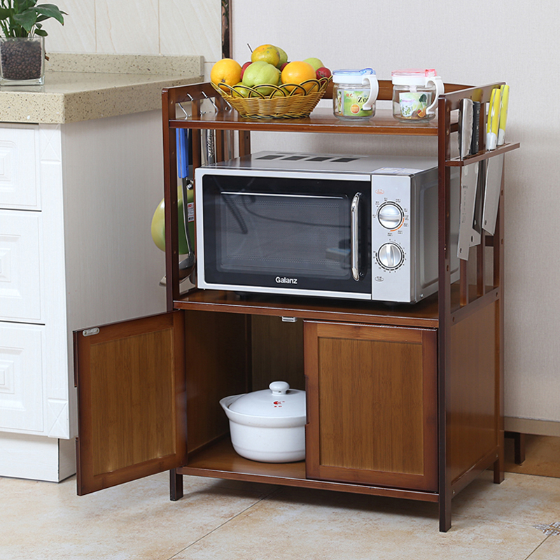 带门厨房微波炉架置物架子不锈钢电器烤箱储物锅架落地楠竹收纳柜